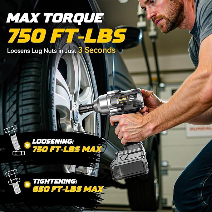 Cordless Impact Wrench 1/2" Compatible with DeWalt 20v Battery, 750 Ft-lbs High Torque Impact Driver with 6Pcs Sockets & Storage Case, Brushless Electric Impact Gun with 4-Speed & LED Light(Bare Tool)