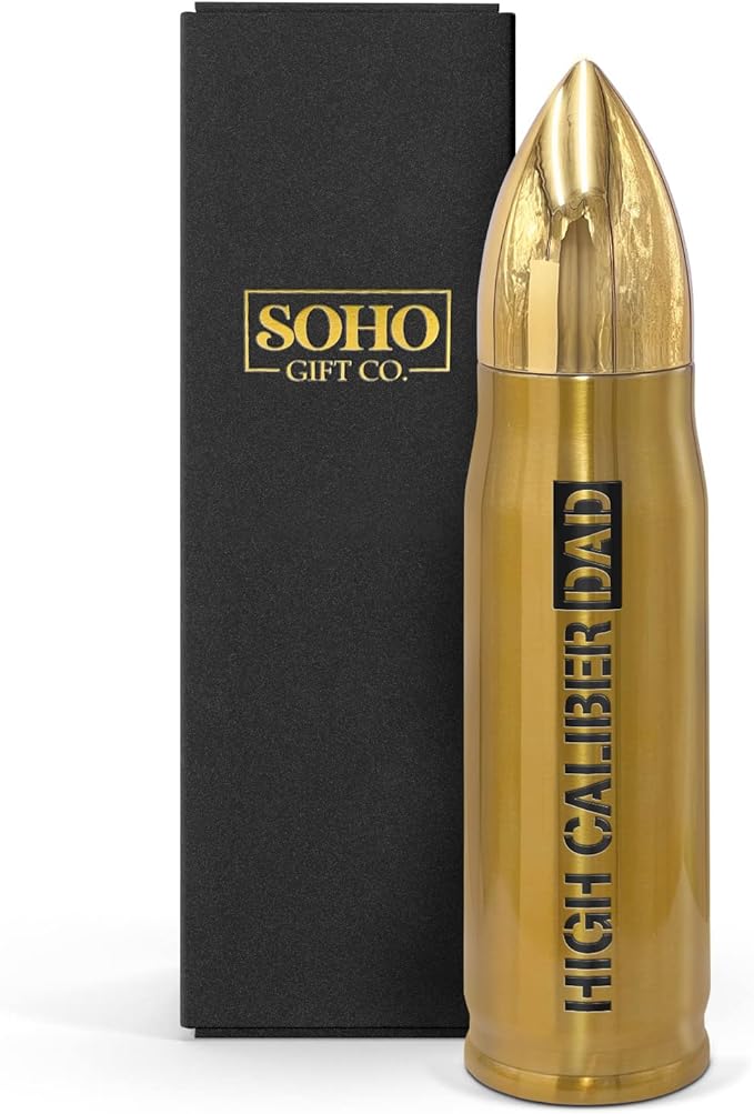 Water Bottle Gift for Dad for Christmas/Fathers Day "High Caliber Dad" Hot/Cold Insulated Stainless Steel 17oz Travel Bottle with Locking Lid (Boxed)