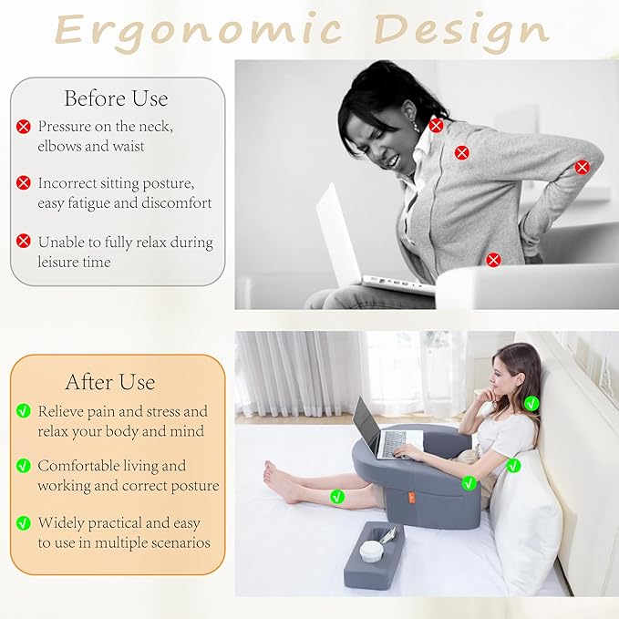 Gaming Pillow for Laptop, Reading Pillows for Sitting in Bed Adult with Cup Holder, Extra Large Memory Foam Lap Desk Pillow with Comfortable Armrests and Side Shelves