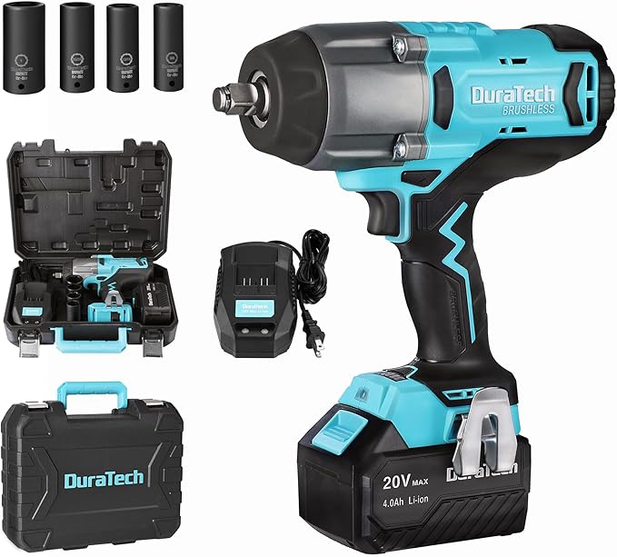 DURATECH 1/2 Inch 20V Cordless Impact Wrench, 600 Ft-Lbs, 5 Settings, Brushless Motor, Fast Charge 4.0Ah Li-ion Battery, Sockets Included