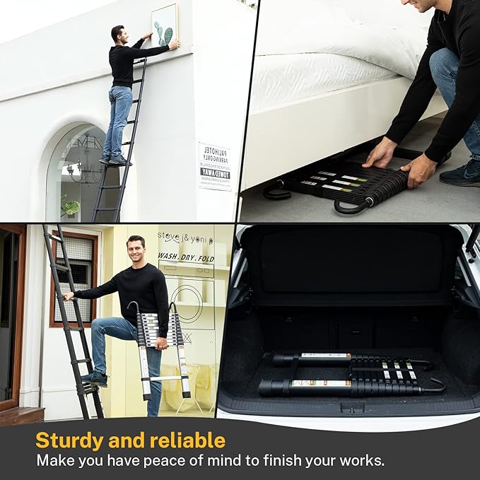 Telescopic Ladder, 8.5FT RIKADE Aluminum Telescoping Ladder with Non-Slip Feet and Stable Hook, Portable Extension Ladder for Household and Outdoor Working, 330lb Capacity Black