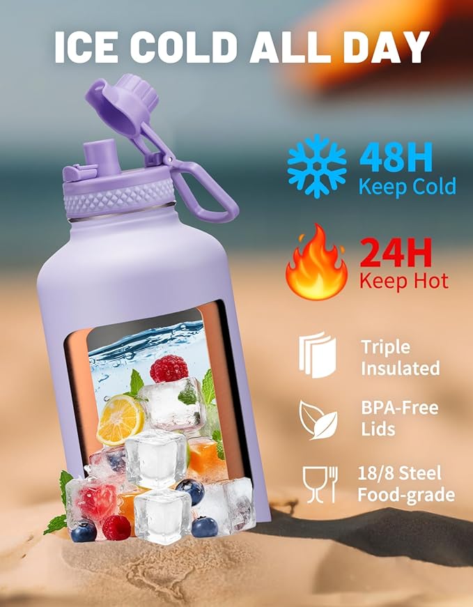 Half Gallon Water Bottle Insulated - 64 oz Water Bottle with Carrying Sleeve, Paracord Handle, Straw Spout Lid, Leak-proof Metal Hydro Jug for Workout Sport Hiking Gym, Purple Big Flask Thermo