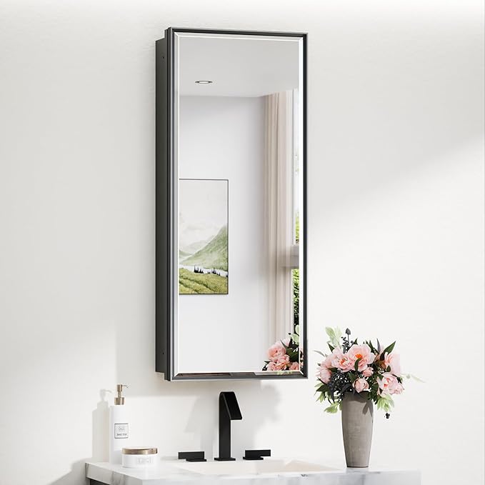 TokeShimi 15 x 36 Bathroom Medicine Cabinet Mirrored Beveled, Recessed Medicine Cabinet with Mirror for Wall, Aluminum Framed Metal Black Mirror with Storage Adjustable
