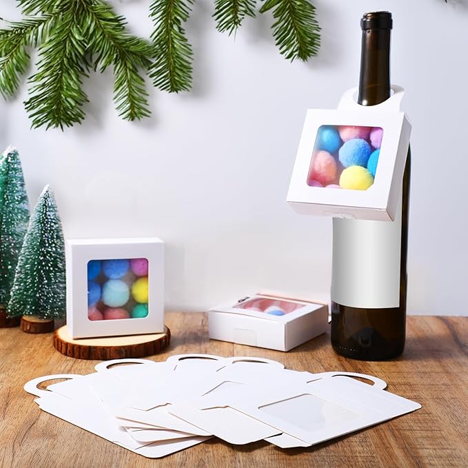 Gjinxi Kraft Paper Wine Bottle Box 10 Pcs Hanging Foldable Gift Boxes with Window Hanging Wine Accessory Sets Folding White Bags Hanger Favor Box for Kitchen Dining Engagement Decoration