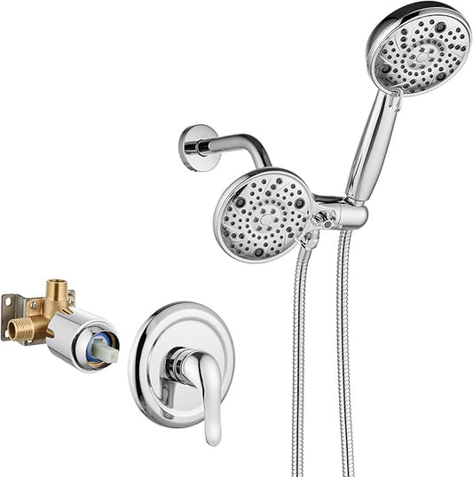 Aolemi Shower Faucet Set Rain Shower Head System Shower Trim Kit Pressure Rough-in Valve Included ABS 8 Setting Dual Shower Head and Handheld Spray Polish Chrome
