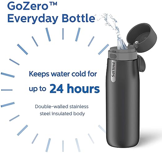 PHILIPS Filtered Water Bottle, Insulated Stainless Steel Water Purifier Bottle for Daily Life & Travel, BPA Free with GoZero Everyday Filter for Cleaner & Tastier Tap Water, Keeps Cold, 32 oz Gray