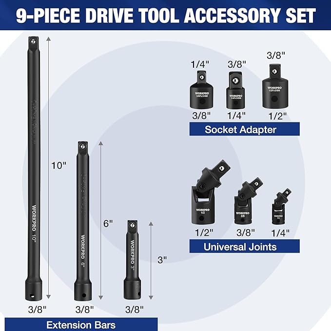 WORKPRO 9 PCS Socket Accessory Set, Includes 3/8" Impact Drive Extension Bar Set, 1/4", 3/8" & 1/2" Drive Universal Joints and Adapters, Premium Chrome Vanadium Steel with Black Phosphate Finish