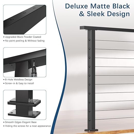 Economical 36" Cable Railing Post, Stainless Steel T304 Level Drilled Line Post for Deck Railing System, Upgraded Black Powder Coated Wire Metal Post for Indoor Outdoor Deck Porch Balcony