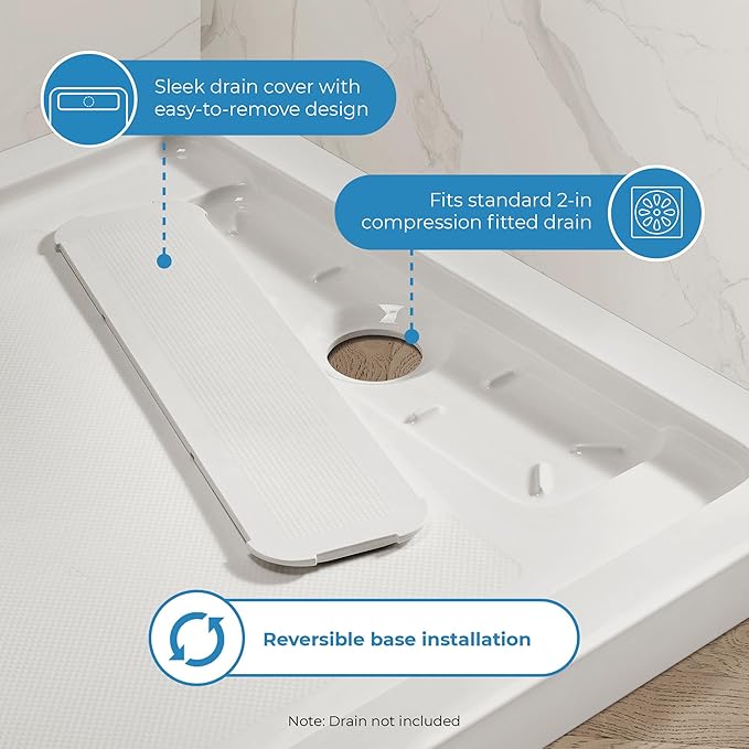 OVE Decors 40-in W x 36-in D Shower Base Pan Rectangle, Hidden Side Drain, White Acrylic, Reversible Design