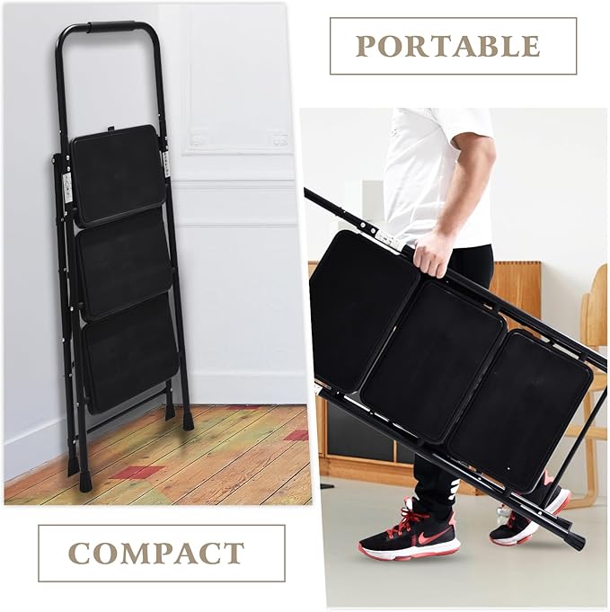 Wiberwi 3 Step Ladder Folding Step Stool for Adults with Top Handrail 330 Lbs Capacity, Lightweight & Portable Step 3 Stool Ladders with Wide Pedal for Home Kitchen Sturdy Steel Frame Black