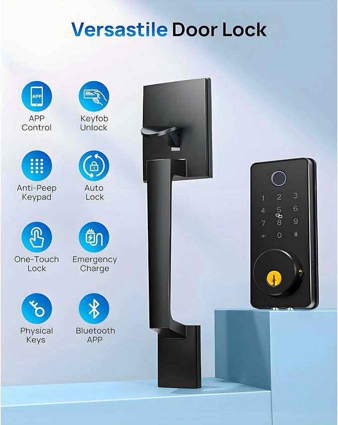 Smart Keyless Entry Door Lock Set w/Front Door Handle, 0.1s Fingerprint Biometric Unlock, APP/Passcodes/Cards Control, Auto Lock Keypad Deadbolt, Easy Install for Entry Bedroom