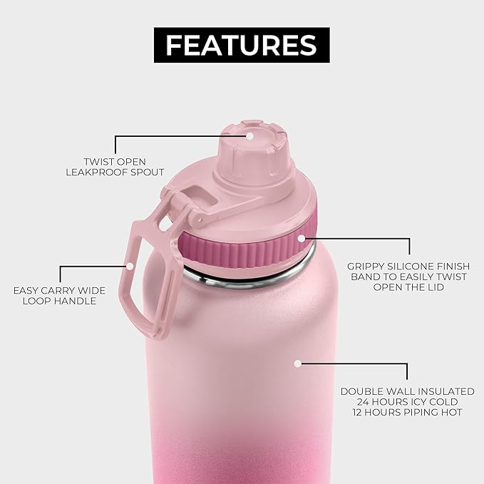 BOZ Stainless Steel Water Bottle - Vaccum Insulated Water Bottle 32 Oz - Wide Mouth BPA Free Sport Water Bottle for Gym with Spout Lid - Thermal Hot & Cold 1 Litre Gradient Pink Waterbottle