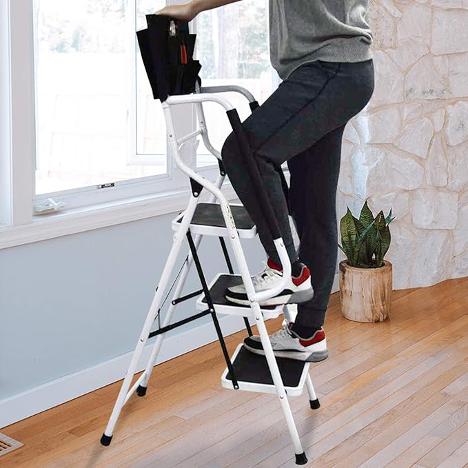 WiberWi 3 Step Ladder with Handrails 500 lb Capacity Step Stool Folding Ladders for Home Kitchen Steel Frame with Safety Side Handrails Non-Slip Wide Pedal Stepladder with Attachable Tool Bag