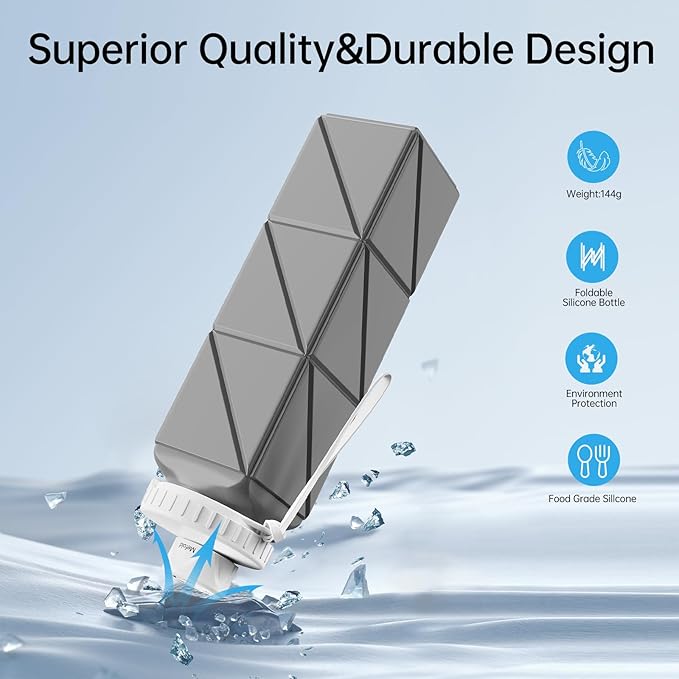 Foldable Water Bottle for Travel Cycling Gym Camping Sports,Leakproof Lid,Food Grade BPA-Free Silicone Travel Bottles 610ml -Lightweight 21oz Portable,Wide Mouth ,Durable,Collapsible Water Bottle