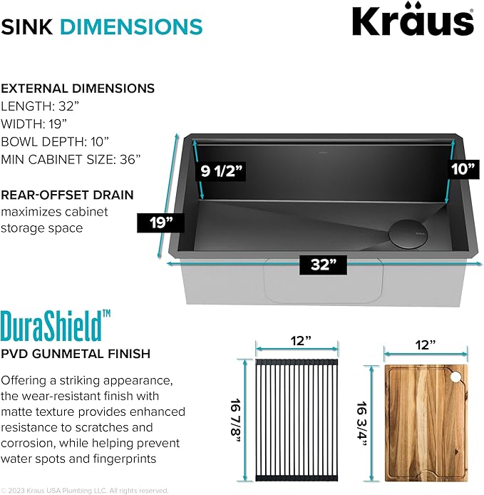 KRAUS Kore Workstation 32-inch Undermount 16 Gauge Stainless Steel Single Bowl Kitchen Sink in Gunmetal Black PVD Finish with Accessories, KWU110-32/PGM
