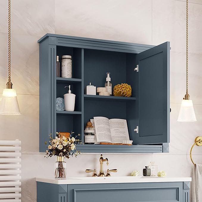 Merax Bathroom Medicine Cabinet with Mirror, Wall Mounted Over Toilet Storage Cabinet Organizer with Doors and Shelves for Bathroom Laundry Room (Mirror Cabinet Only, Blue)