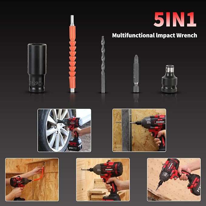 1350N.m(996Ft-lbs) Cordless Impact Wrench 1/2, 3300RPM High Torque Impact Gun, with 4-Mode Speed, 2 Battery & Charger, 5 Sockets 8 Drill 6 Screws, Electric Impact Wrench for Car/Truck/RV/Mower