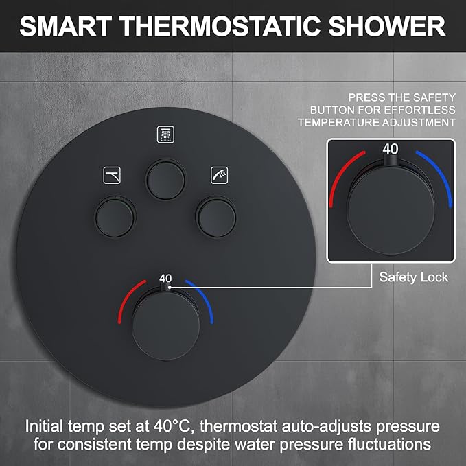 KOJOX Matte Black Thermostatic Shower System, Push Button Diverter Shower Faucet Set with 12" Ceiling Mount Rain Shower, 8" Wall Mount Shower Head, and 3-in-1 Handheld Spray