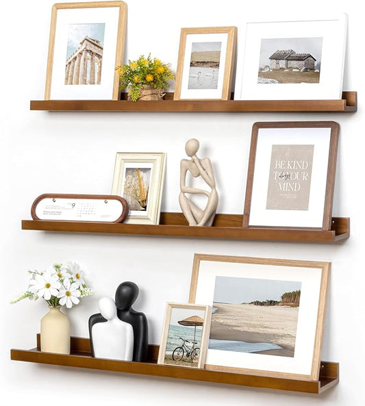 Picture Ledge Wall Shelves 36 inches Width Set of 3, Solid Pine Wood Rustic Floating Ledge Shelves for Wall for Kids' Room Bedroom Kitchen Bathroom Living Room Nursery Display Wall Decor, Walnut