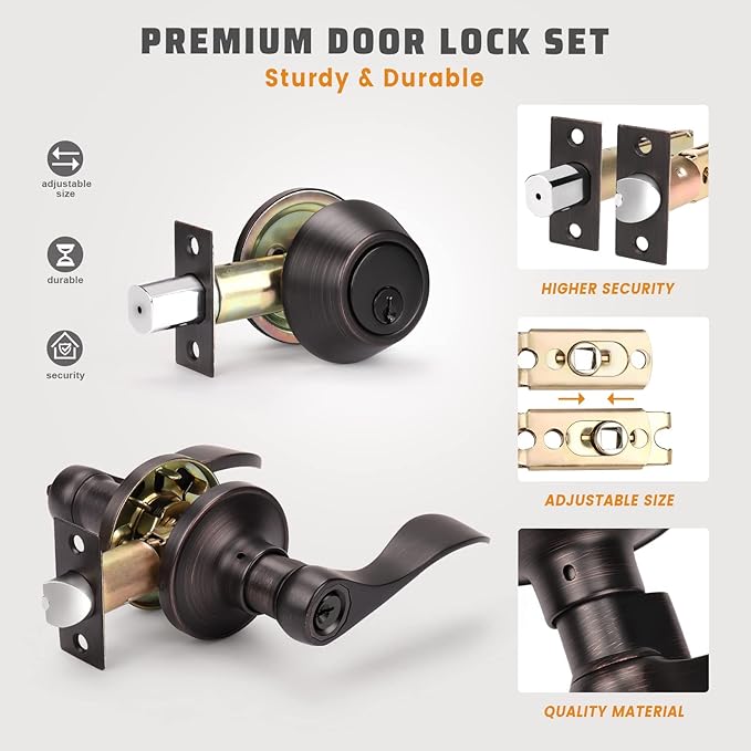 KNOBWELL 8 Pack Keyed Alike Door Lever Handle with Single Cylinder Deadbolt, Oil Rubbed Bronze Exterior Door Knob Lock Set with Deadbolt, Front Door Entry Lever Lockset and Deadbolt Combination Set