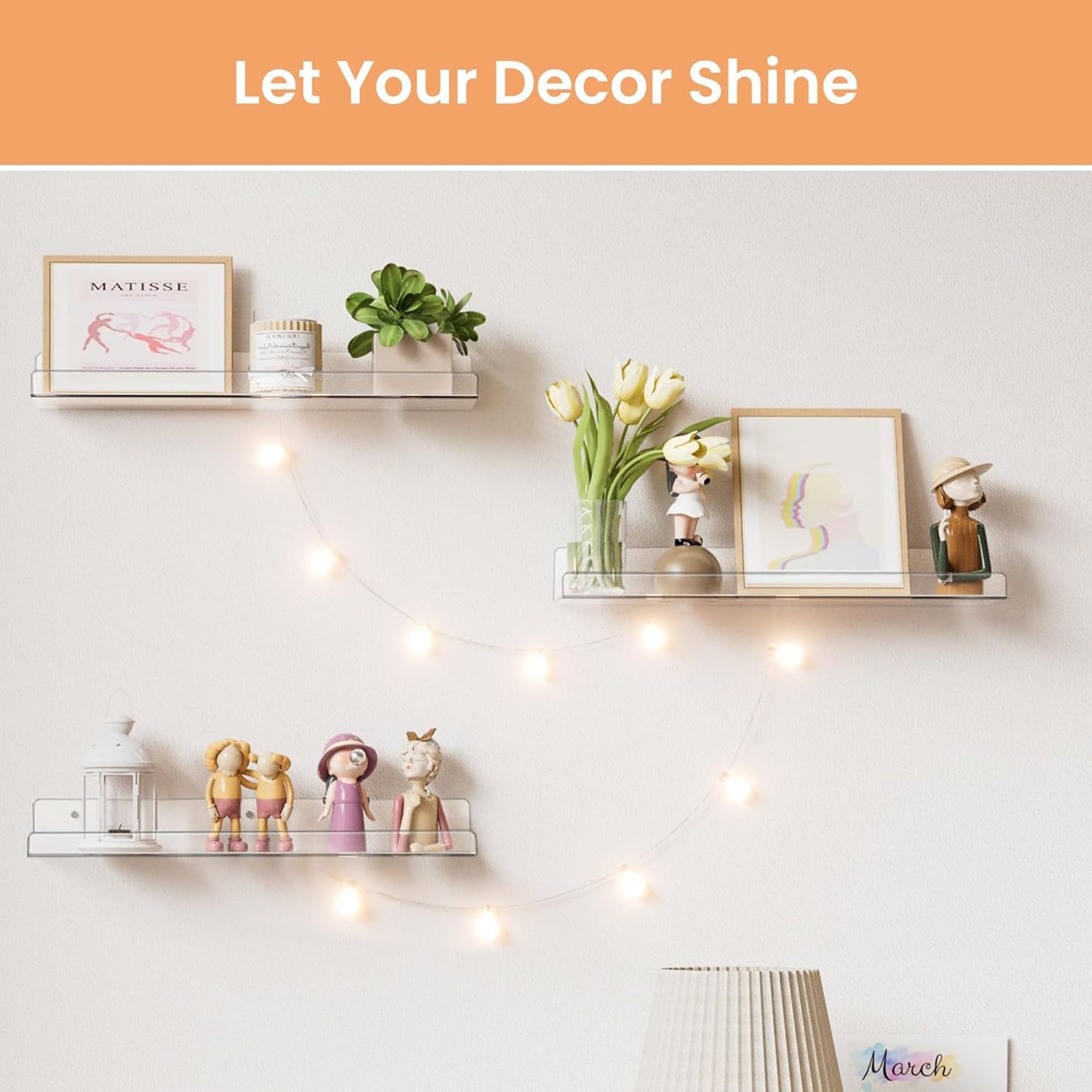 upsimples 4 Pack Acrylic Shelves for Wall Storage, 15" Floating Bookshelves for Kids, Display Shelf Organizer for Bathroom, Bedroom, Living Room, Kitchen, Room Decor, Clear