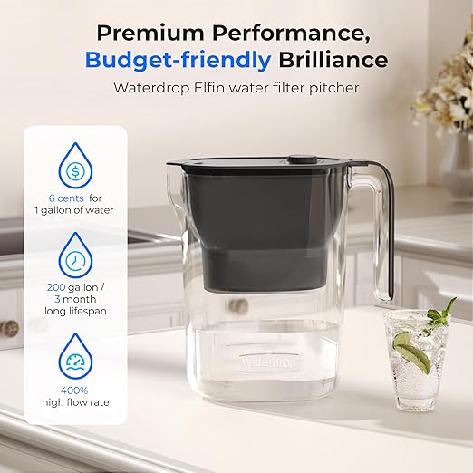 Waterdrop 200-Gallon Long-Life Water Filter Pitcher, NSF Certified Water Purifier, Replaces 6,400 Plastic Water Bottles a Year, Reduces Chlorine, PFOA/PFOS, 7-Cup, Black