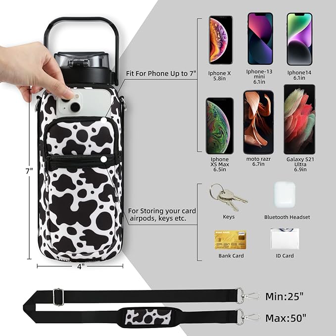 Half Gallon 64oz Glass Water Bottle with Straw and Storage Sleeve Motivational Water Bottle with Strap and Time to Drink 2L Leakproof Reusable Water Jug for Fitness Gym and Outdoors