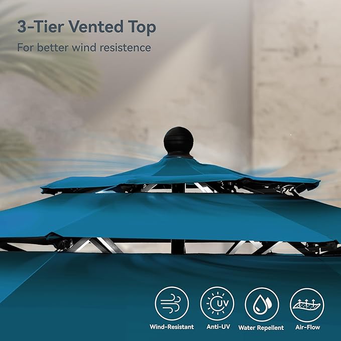 PHI VILLA 10ft Outdoor Patio Umbrellas for Outside, 3 Tier Vented Market Table Umbrella Windproof for Backyard, Deck, Garden, 1.5" Pole, Cyan（No Base）