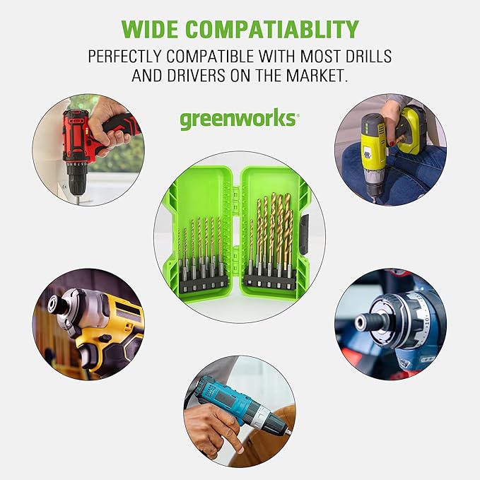Greenworks 22 PC Titanium Twist Drill Bit Set, 135° Tip High Speed Steel, Ideal Drilling in Wood/Cast Iron/Aluminum Alloy/Plastic/Fiberglass