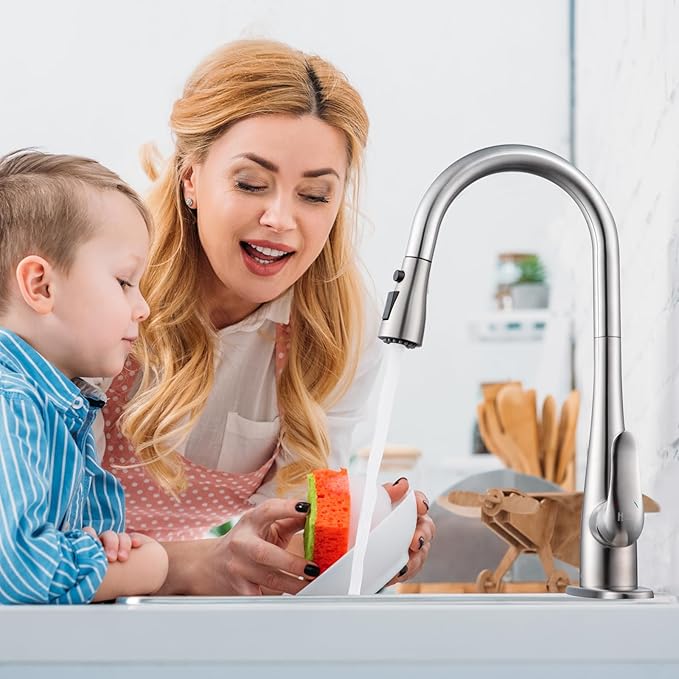 Kitchen Faucet with Soap Dispenser and Pull Down Sprayer - Stainless Steel Single Handle Kitchen Sink Faucet, 1 or 3 Hole Design for Modern Farmhouse Kitchens, Rv, and Bar Sinks(Brushed Nickel)