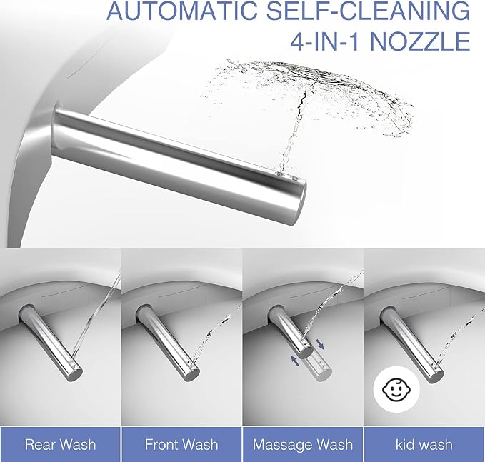 Electric Bidet Toilet Seat Elongated, Heated Toilet Seat with Bidet, Remote Control Wash, Warm Air Dryer, LED Light, Quiet Operation, Stainless Steel Nozzle, Smart Toilets (V Shape)