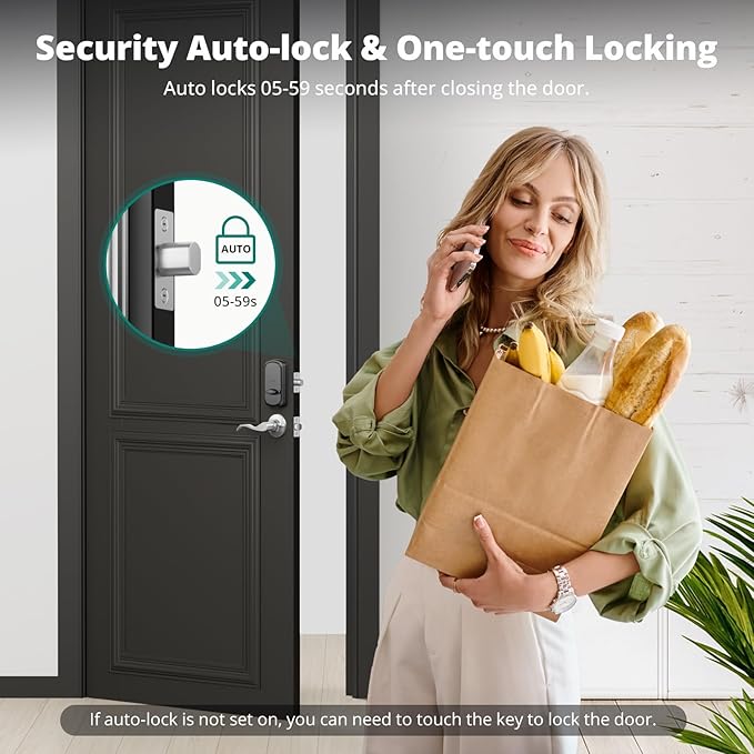 DS10 Keyless Entry Door Lock with Handle - 2 Lever Handles, Fingerprint Door Lock, Keypad Deadbolt, 2 Keys, Code, Smart Locks for Front Door, Auto-Lock, Easy Installation - Satin Nickel