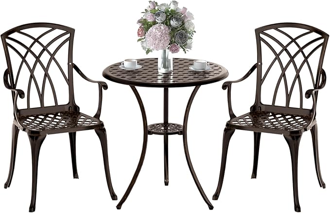 Patio Bistro Set 3 Piece, Cast Aluminum Bistro Set for 2 w/Umbrella Hole, Outdoor Table and Chairs Set of 2, Bistro Set for Balcony/Backyard/Garden, Bronze