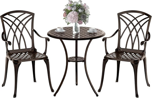 Patio Bistro Set 3 Piece, Cast Aluminum Bistro Set for 2 w/Umbrella Hole, Outdoor Table and Chairs Set of 2, Bistro Set for Balcony/Backyard/Garden, Bronze