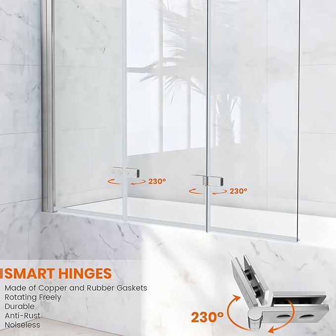 Bathtub Shower Doors 51.2-51.8 in. W × 59 in. H, 1/4" (6mm) Clear Tempered Glass Shower Door, Framless Bi-fold Triple Glass Panels Shower Door with Clamps, Chrome