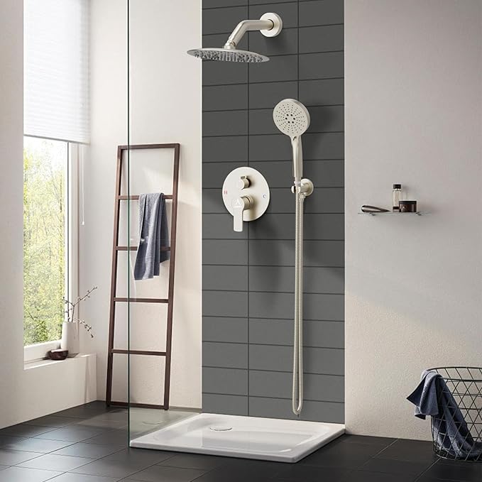 Shower Faucet Set 8IN Brass Rough-In Valve Body Trim Kit Rainfall Included Handle Accessories Complete 2 Functions with Rain Head and Handheld Bathroom Systems (8'', Brushed Nickel)