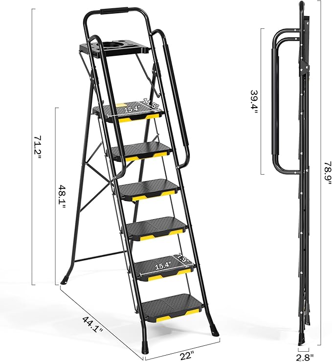 KINGRACK Step Ladder, Sturdy Steel Step Stool with Anti-Slip Wide Pedals, Handrail, Safe-Lock Design, 800lbs Folding Portable Ladder for Multi-Purpose, Home, Kitchen (6-Step with Tool Platform)