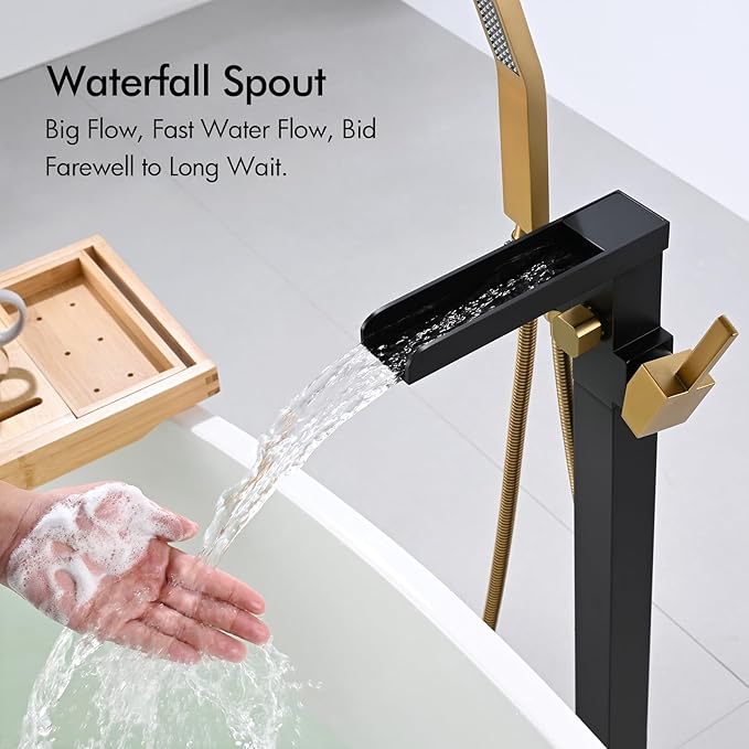 BAGNOLUX Solid Brass Floor Mount Bathtub Faucet Free Standing Tub Faucet Freestanding Tub Filler Black Gold High Flow Rate Swivel Spout with Hand Shower, ‎YGSLT-Waterfall Black+Gold