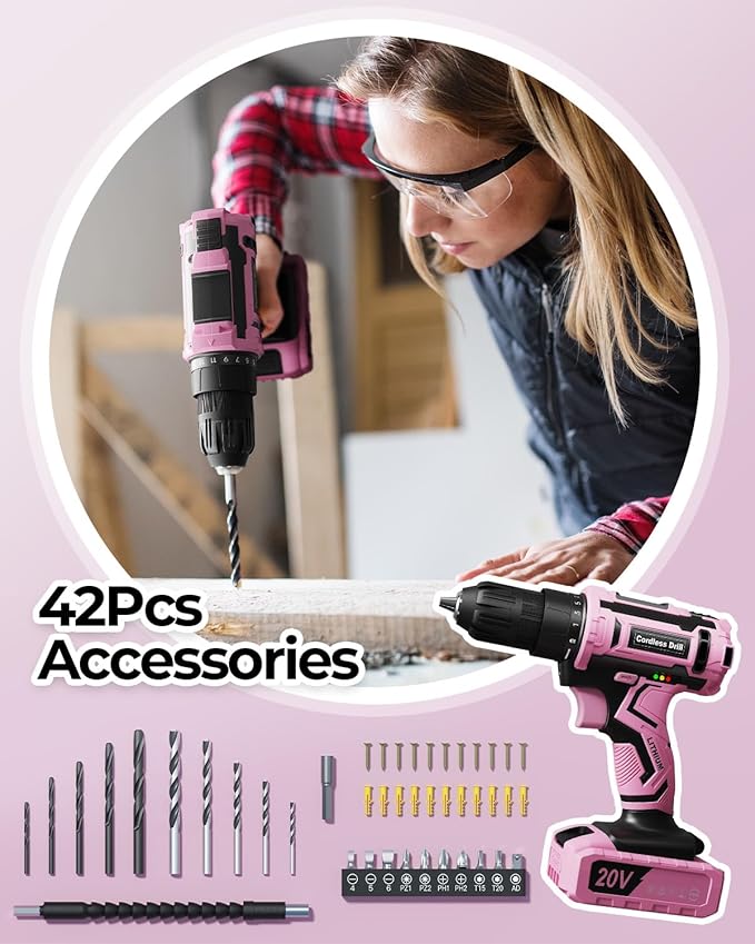 Pink Cordless Drill Set, 20V Electric Power Drill for Women, Lightweight Electric Screwdriver Driver with Power Pack & Charger, 3/8" Keyless Chuck, Womens Tool Kit for House
