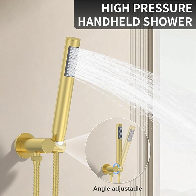 12 Inch Brushed Gold Shower System - High Pressure Rain Shower Head, Handheld Showerhead, and Wall Mounted Faucet Set