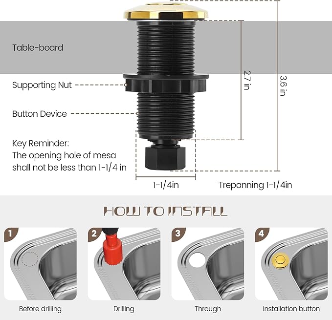 Garbage Disposal Air Switch Kit Sink Top Waste Disposal Long Stainless Steel Golden Polished On/Off Air Button Food and Waste Disposals Part by Etoolcity, UL Listed LF40-C063