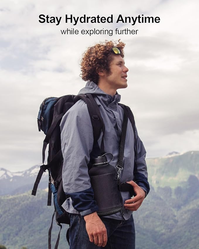 BUZIO 64oz Insulated Water Bottle Stainless Steel Double Wall Leak Proof Half Gallon with Straw Lid and Flex Cap (Cold for 48 Hrs) Sports Flask Metal Travel Mug for Hiking, Camping, Purple Green