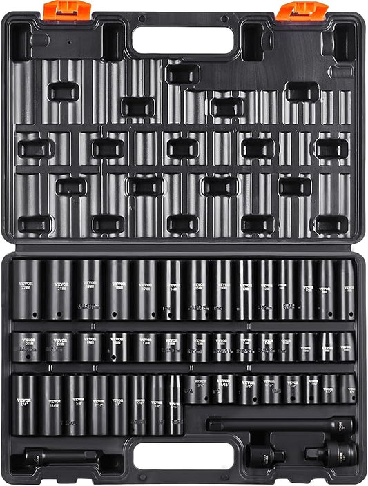 VEVOR Impact Socket Set 3/8" Drive, 48-Piece Standard SAE (5/16 to 3/4 inch) & Metric (8 to 22 mm) Size, Deep & Shallow, 6 Point, CR-V, Extension Bar, Universal Joint, 1/2" F to 3/8" M Reducer