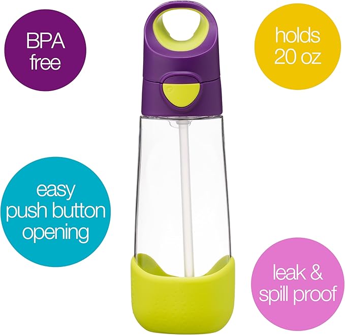b.box 20oz Tritan Straw Bottle: Large Kids Water Bottle with Flip Straw for School, Daycare. Spill Proof, Leak Proof, Dishwasher Safe, BPA Free (Passion Splash, 20 oz)