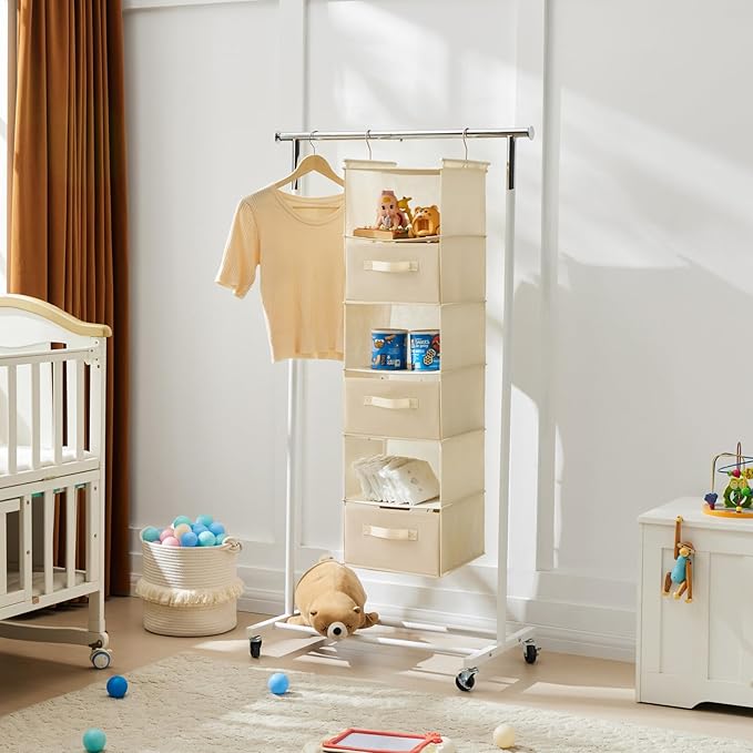 MAX Houser 6 Tier Shelf Hanging Closet Organizer, Closet Hanging Shelf with 2 Sturdy Hooks for Storage, Foldable (Beige-D3)