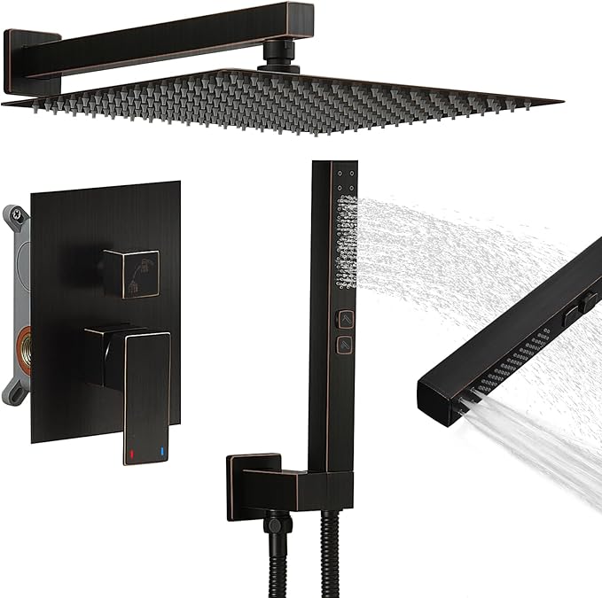 RUMOSE Oil Rubbed Bronze Rainfall Shower System 12 Inch High Pressure Square Shower Head with 2 in 1 Handheld Spray Wall Mount Brass Bathroom Shower Faucet Set with cUPC Certified Rough-in Valve