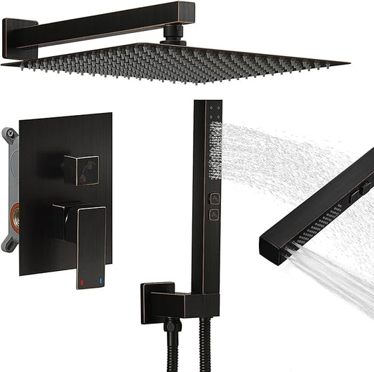 RUMOSE Oil Rubbed Bronze Rainfall Shower System 12 Inch High Pressure Square Shower Head with 2 in 1 Handheld Spray Wall Mount Brass Bathroom Shower Faucet Set with cUPC Certified Rough-in Valve