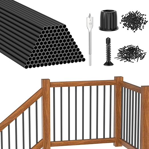 CKE 120 Pack 36" Round Aluminum Deck Balusters, 3/4" Diameter Hollow Round Black Aluminum Balusters for Deck Railing, Metal Deck Baluster Staircase Spindles with Screw/Conector for Railing Fencing R36