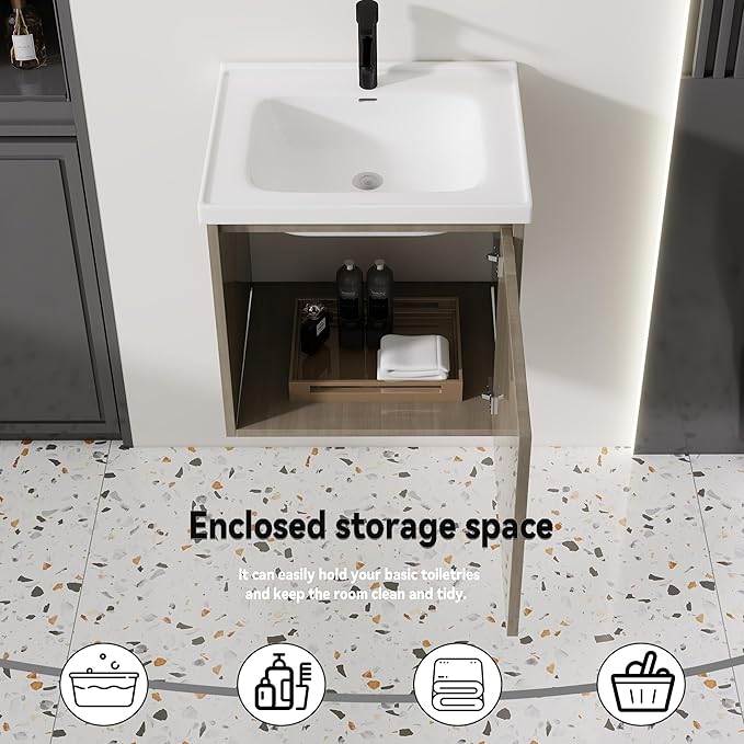 20'' Bathroom Vanity with Ceramic Sink Combo, Wall Mounted Small Bathroom Vanity with Soft-Close Door Modern Floating Cabinet, Pop-up Drain, P-Trap Included, BrownWalnut(No Faucet)