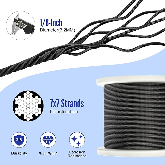 BLIKA 400FT 1/8" Black Stainless Steel Cable Railing with 7x7 Strand Construction, 1850lbs Breaking Strength for DIY Balustrades